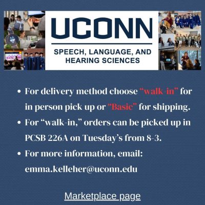 Photo explaining how to access UConn SLHS merch on marketplace.