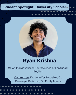 A photo of a headshot of Ryan Krishna listing his current major and committee he works alongside.