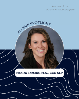 A headshot of Monica Santana, M.A., CCC-SLP against a gray background